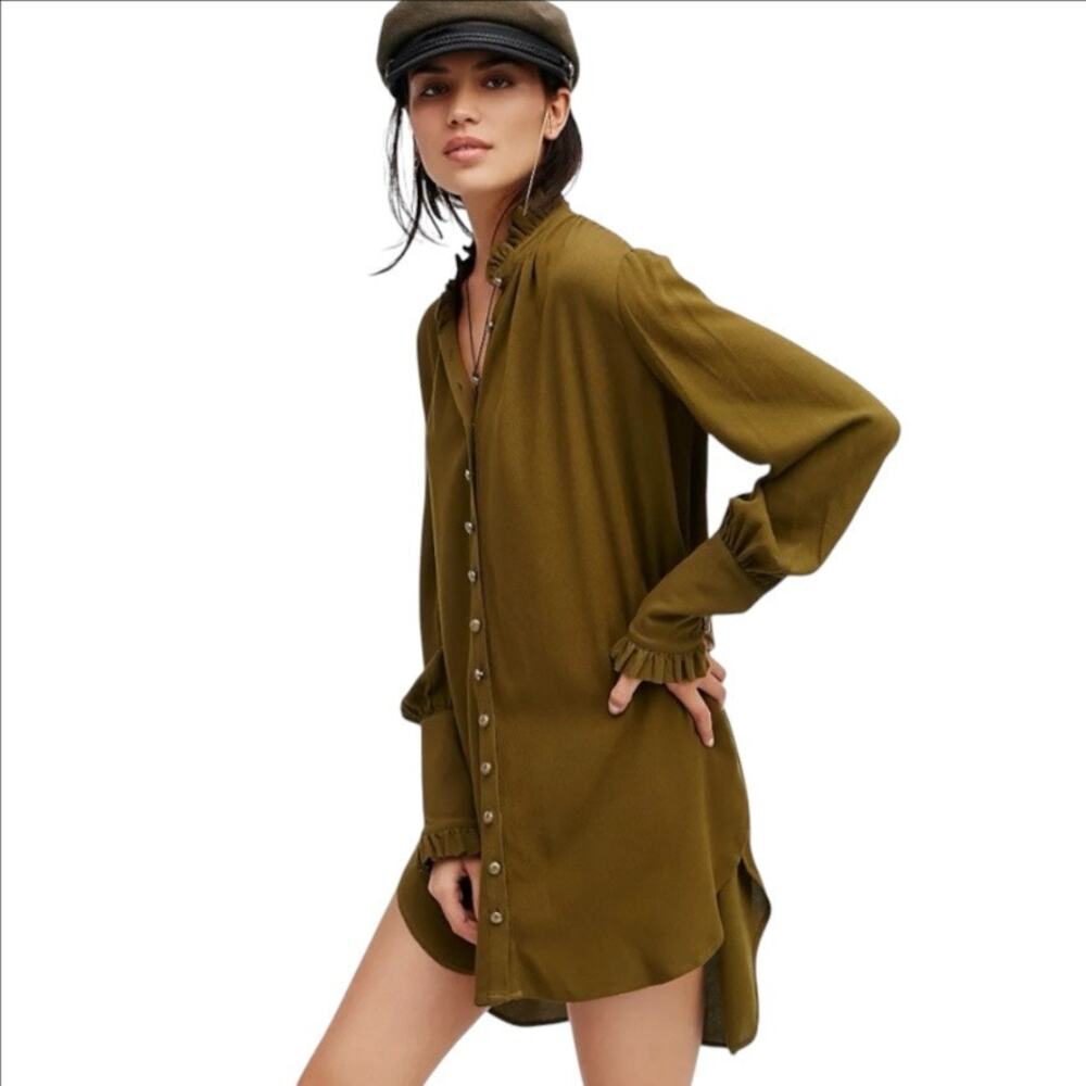 Free People Button Front Lieutenant Shirt Dress in Olive Green Size Small